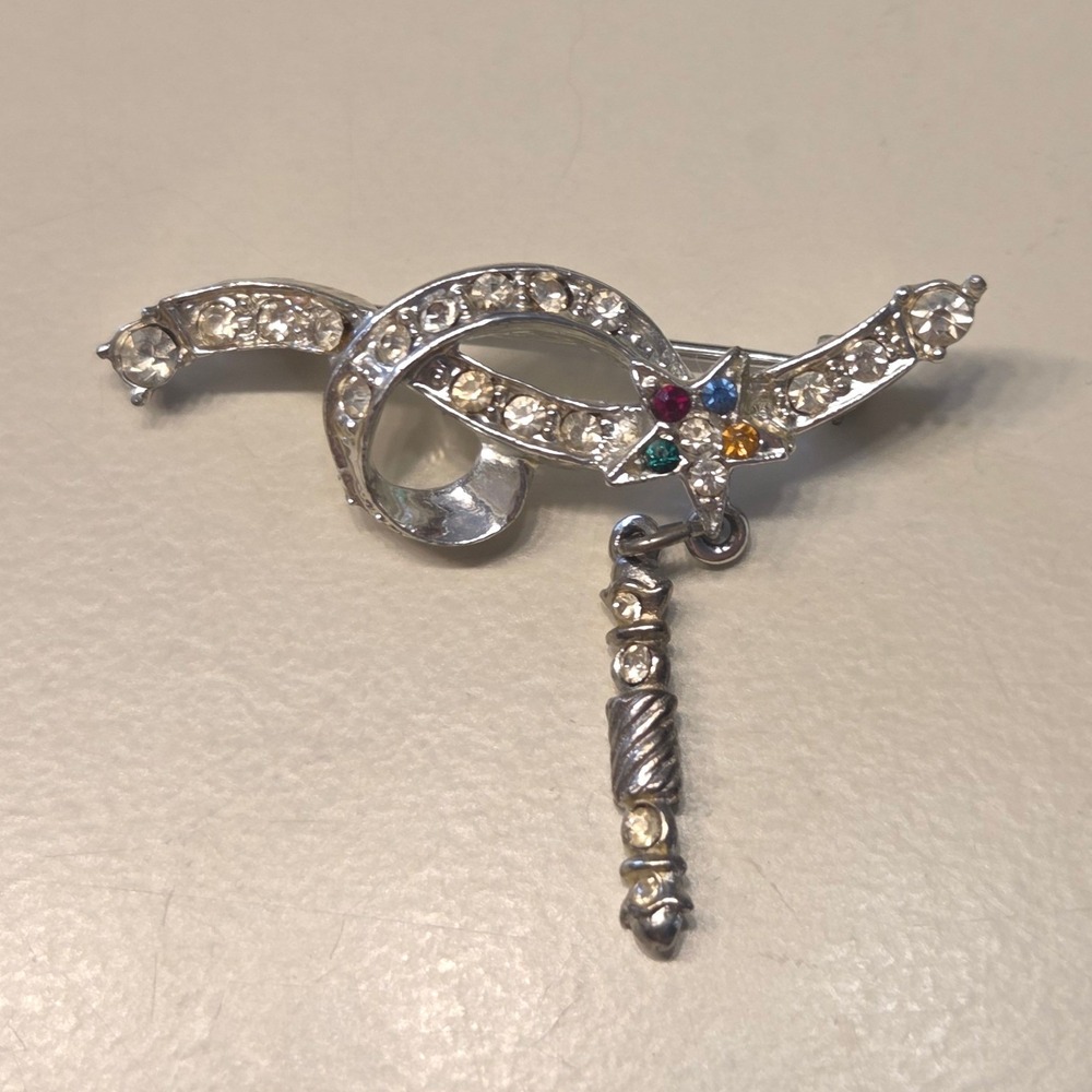 Vintage Silver Tone Shriner Scimitar Charm Brooch Pin Rhinestone Dangle Masonic